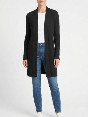 Design Labs Lord & Taylor Knit Long Duster Cardigan Sweater Black Zipper Sleeve